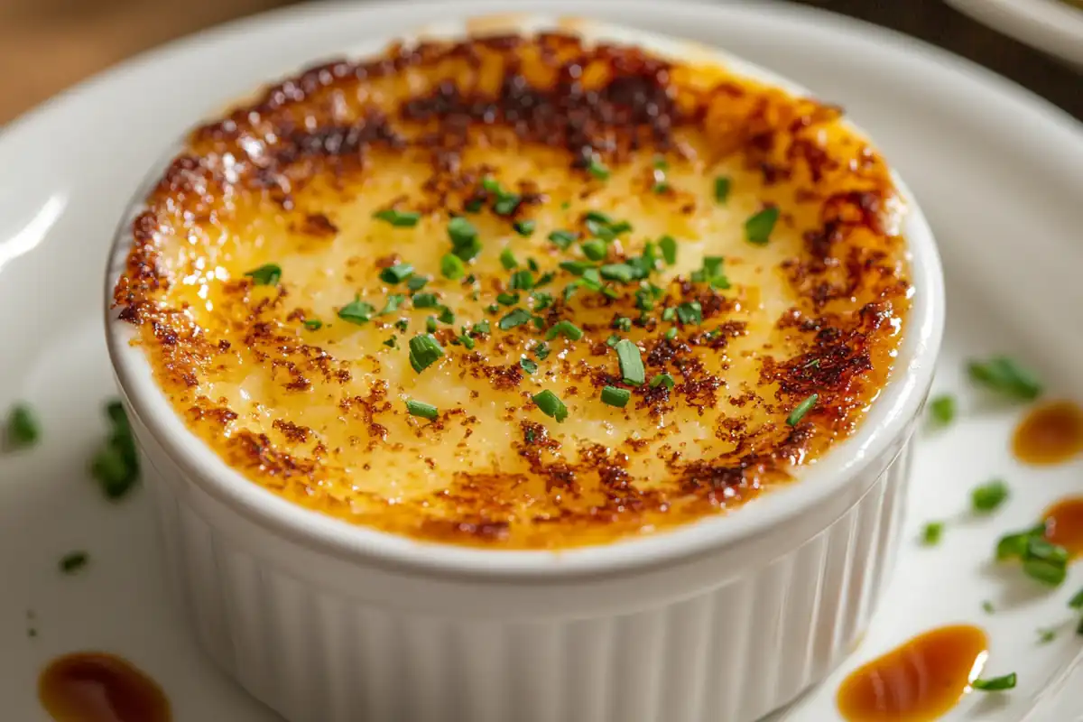 Crab brulee served in a ramekin with caramelized sugar crust, visible crab meat, and garnished with fresh herbs.